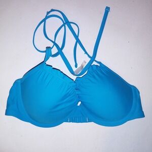 Aerie Swim Bikini Top 32D Blue Solid Blakely Ruffle Trim Underwire